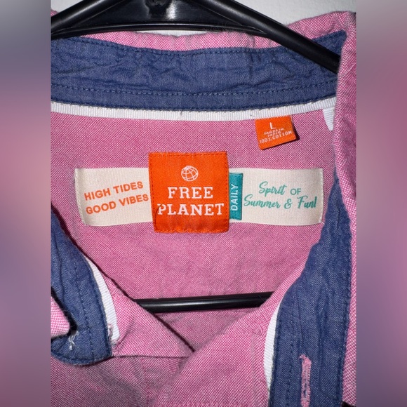 Free Planet Mens Pink Short Sleeve Button Up Size Large - Picture 4 of 7